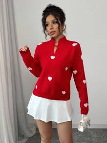 Chiquease Suéter de enamorados con corazón de contraste de color para el Día de San Valentín, nueva camisa de punto tipo jacquard con botones de nudo estilo retro chino para el Año Nuevo Chino
