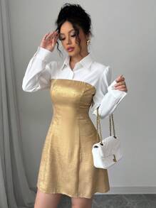 Elenzga Spring/Summer Fashion 2 In 1 Colorblock Shirt Dress, Suitable For Valentine's Day Fall Cloth For Women - Gold - View 3