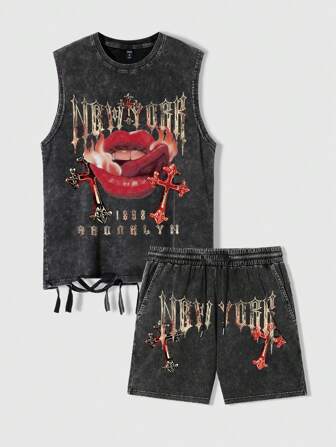 Grunge Punk Men Punk Cross & Lip Print Round Neck Tank Top And Shorts Set, Minimalist