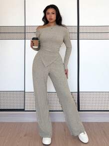 Chiquease Conjunto de 2 piezas con top de punto de manga larga con cuello oblicuo elegante y pantalones sueltos de cintura elástica, apto para primavera y otoño