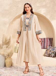 SHEIN 少女两件套：金色/米色奢华纯色梭织拼接无袖 A 字裙 + 中袖夹克，波西米亚风，优雅复古风格