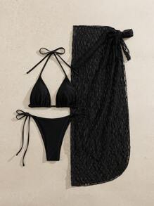 Swim Vcay 3 件套女士度假泳装套装：基本纯色露背系带比基尼上衣、下装和蕾丝罩衫，适合夏季海滩、度假和户外活动 - 黑色 - 查看 8