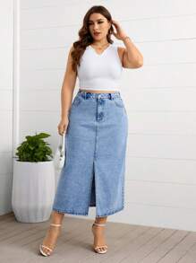 Firerie Plus Size Front Button Pocket Slit Minimal Casual Denim Mini Skirt - Light Wash - View 4