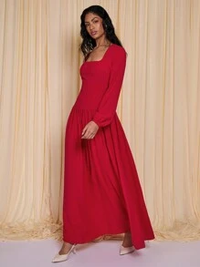 COSMINA Vestido de manga larga con fruncido, rojo, estilo elegante de vacaciones para mujeres, primavera/verano