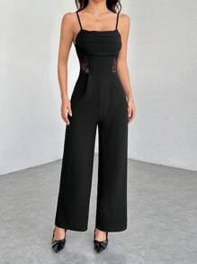 SHEIN PETITE 夏季垂坠领黑色连体裤、复古蕾丝镂空、阔腿连体裤、婚礼女士连体裤、秋冬连体裤、教师服装、老款连体裤、商务休闲连体裤、早午餐连体裤、外出连体裤、正式连体裤 - 黑色 - 查看 6