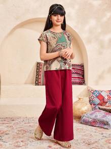 SHEIN Leap Crew Tween 女童休闲圆领印花短袖衬衫和直腿裤 2 件套 - 紅色 - 查看 3