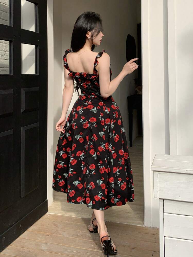 Mid-Long Floral Print Slip Dress With Square Neckline For Women,Milkmaid Dress Vacation Outfits Women Easter Maxi Dress Boho