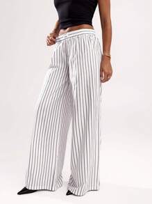 SHEIN BAE De damă, culoare uni, talie elastică, simplu, detaliu în dungi, pantaloni largi, cu talie joasă, potriviți pentru îmbrăcăminte zilnică ocazională, ieșiri - Multicolor - Vizualizare 3