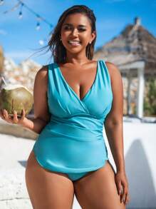 SHEIN Swim Plus Size Women's Premium Solid Color Crossover Front Wrap-Around Ruched One-Piece Swimsuit For Summer Beach Vacation - Teal Blue - View 4