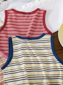 SHEIN Young Girl Striped Print Color Block Round Neck Casual Tank Top - Multicolor - View 3