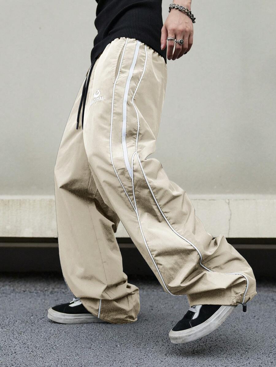 Aesthetic Post 男士休闲拼接侧缝宽松阔腿裤 - 杏色 - 查看 1