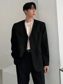 DAZY Chaqueta casual versátil sin cuello negra de moda para hombre, ropa de otoño para ir al trabajo