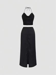SHEIN Unity 2pcs Women Halter Tie Rhinestone Decor Tank Top And Skirt Set - Black - View 2