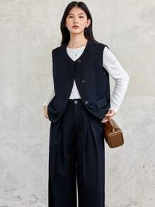 Dazy-Less 2 pièces/Set Pantalon droit ample de couleur unie décontracté pour femmes avec gilet, vêtements d'automne