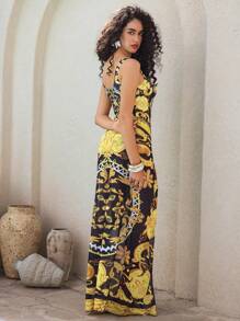 Swim Oasis Summer 2pcs/Set Women Placement Print Square Collar High Cut One-Piece Swimsuit & Skirt Resort - Multicolor - View 6