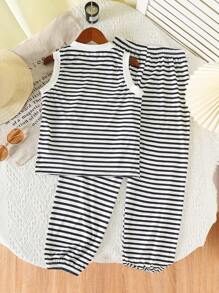青少年女孩休闲条纹无袖 T 恤和松紧腰条纹直筒裤夏季两件套，舒适