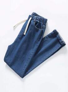 SHEIN 青少年男孩松紧腰抽绳百搭简约百搭休闲舒适弹力修身浅灰色牛仔裤