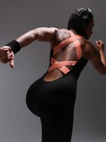 Powerista Women's Solid Color Patchwork Hollow Out Minimalist Fitted Casual Sports Jumpsuit