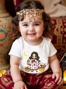SHEIN Cartoon Girl Print, Madder Rose Girl, Muslim Shirt, Gift, Islamic Shirts, Short Sleeve Crew Neck Casual Top For Baby Girl, Suitable For Summer - Multicolor - View 1