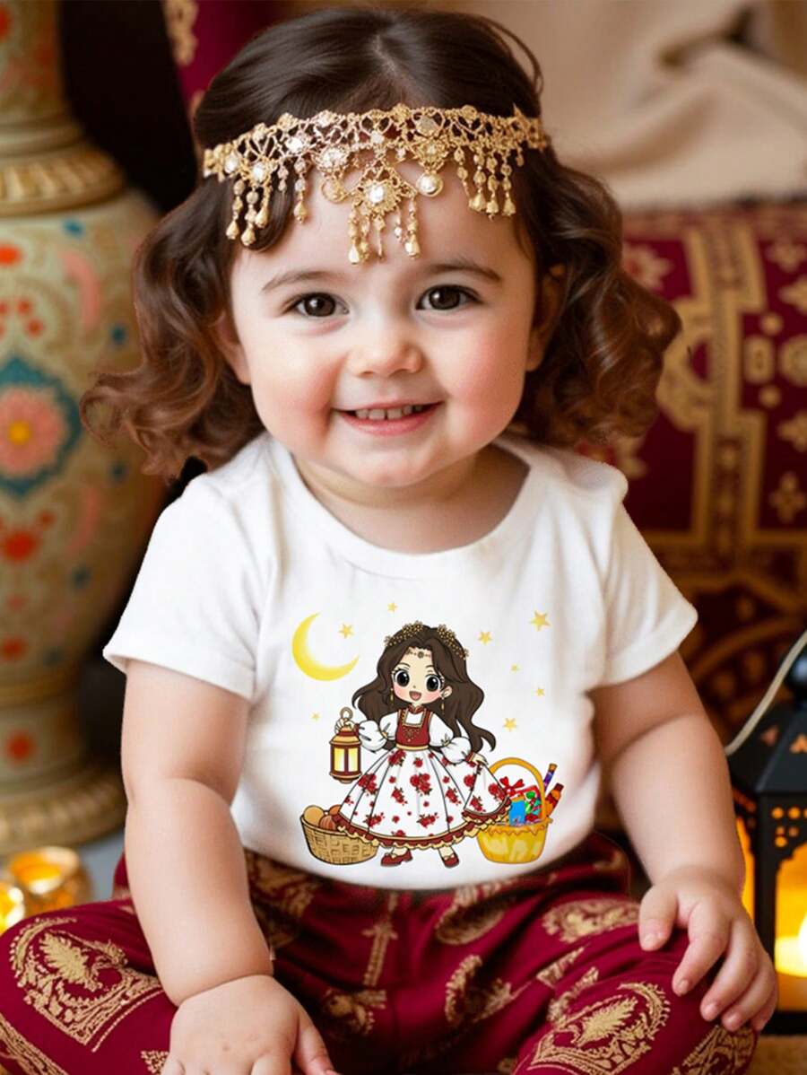 SHEIN Cartoon Girl Print, Madder Rose Girl, Muslim Shirt, Gift, Islamic Shirts, Short Sleeve Crew Neck Casual Top For Baby Girl, Suitable For Summer - Multicolor - View 1