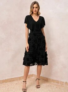 SHEIN Clasi Women's Solid Color V-Neck Ruffle Hem Mid-Calf Dress Summer Outfits For Women Teacher Outfits For Women Black Dress - Black - View 3