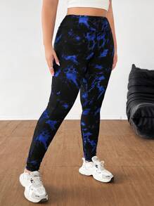 SHEIN EZwear 大码休闲扎染紧身裤，适合慢跑和健身 - 藏蓝色 - 查看 4