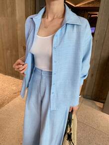 DAZY Bộ 2 món gồm áo sơ mi và quần dài chất lượng cao dành cho nữ, kiểu dáng thời trang, bộ đồ mặc nhà mùa thu cho nữ. - Màu xanh lam - Xem 2