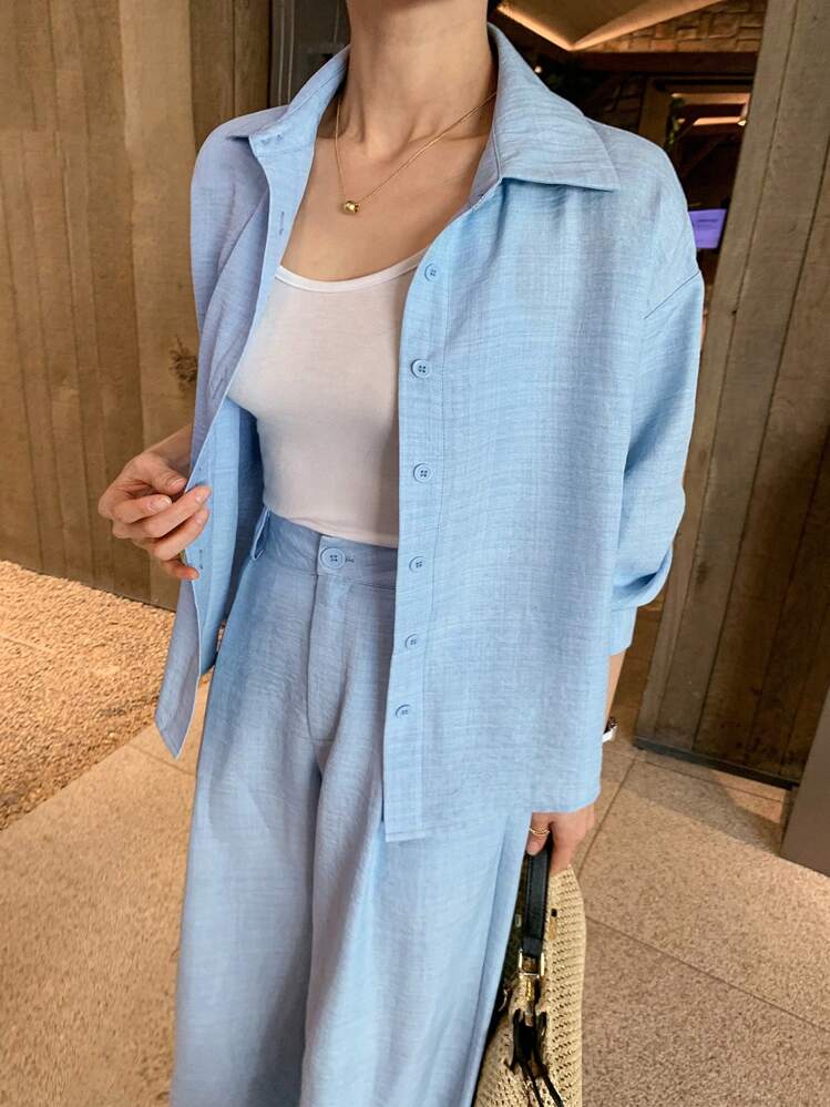 DAZY 2 Peças Conjunto Mulher Top de Alta Qualidade e Calça Casual, Estilo Fashionista, Conjunto de Roupas de Loungewear para Outono - Azul - Visão 2