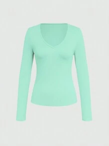 INAWLY Camiseta de manga larga de cuello en V de unicolor informal, otoño