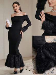 Modelyn 1pc Women's Solid Color Off-Shoulder Furry Long Sleeve Fitted Dress, Elegant Long Evening Dresses