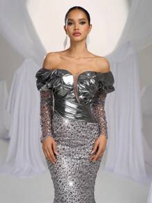 Glamrae 优雅奢华深灰色撞色露肩透视长袖缎面串珠亮片美人鱼鱼尾裙，带拖尾，适合婚礼、单身派对、度假、庆典、晚会、婚礼宾客礼服、长袍