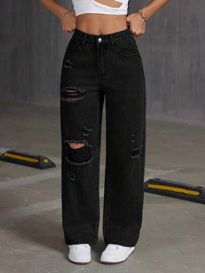 做旧水洗纯色贴袋休闲直筒牛仔裤