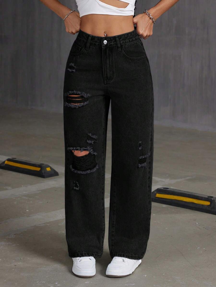 SHEIN PETITE Women's Casual Washed Distressed Straight Leg Jeans - Black - View 1