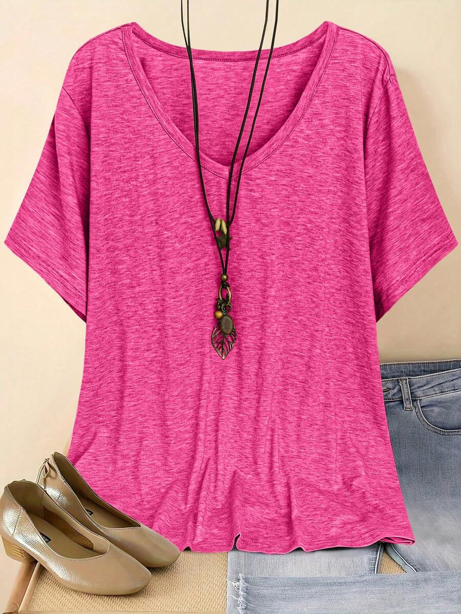 تي شيرت بقصة الرقبة على شكل حرف V وأكمام قصيرة بسيط، كاجول للارتداء اليومي لمقاسات كبيرة