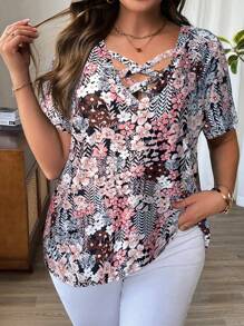 Breezaya Áo thun cổ chữ thập in hoa cỡ lớn cho nữ - Nhiều màu - Xem 1