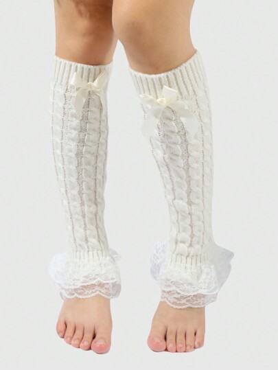 Kawaii 1 Pair Women Lace Trim Twist Bow Decor Leg Warmers, Suitable For All Seasons