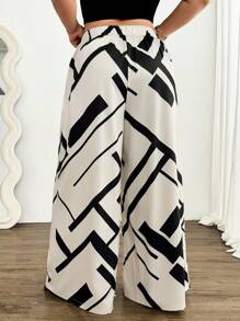 Elenzga Plus Size Women's Geometric Digital Print Loose Elegant Wide Leg Pants