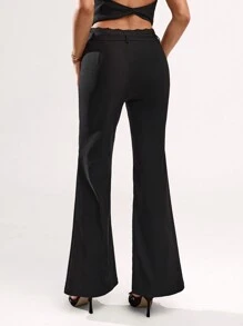 SHEIN BAE Women's Solid Color Flare Leg Pants With Lace Hem, Casual Everyday Wear