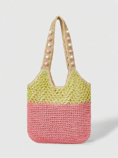 Kawaii Bolsa de mano tipo tote con bloques de color minimalista para mujer, para uso diario casual