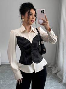 Elenzga Stylowa koszula 2 w 1 w paski z marszczeniami