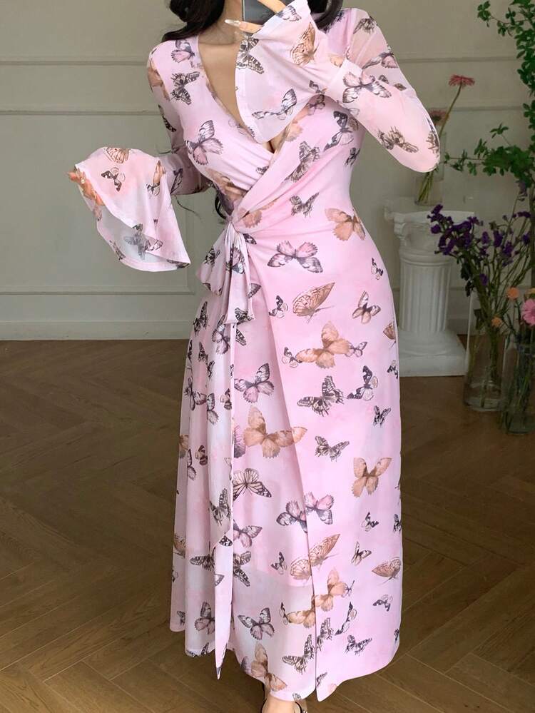 Sexy All-Over Butterfly Print V-Neck Drawstring Tie Waist Flare Sleeve Midi Dress For Women,Ruffle Floral