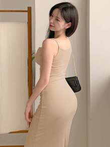 DAZY 女士低胸细肩带纯色修身中长连衣裙太阳裙 - 米色 - 查看 7