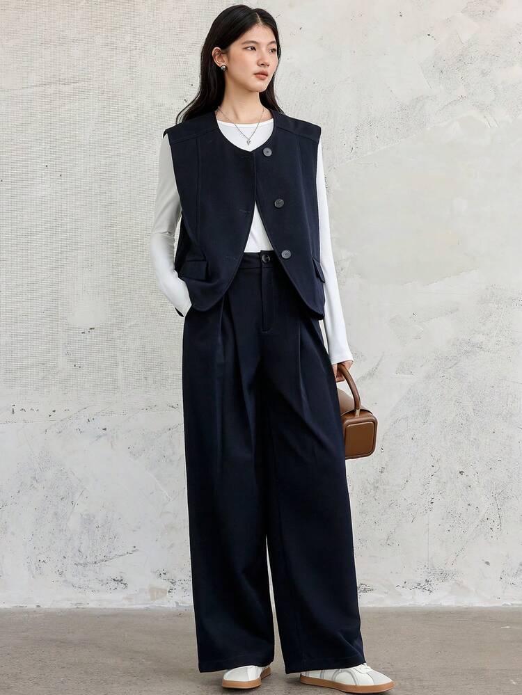 2pcs/Set Women's Business Casual Loose Solid Color Straight Leg Pants Suit With Vest,Fall Clothes