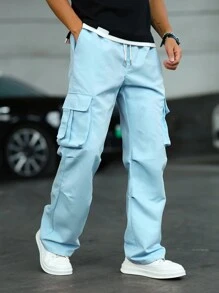 Manfinity Homme Loose Fit Men Flap Pocket Side Drawstring Waist Cargo Pants - Baby Blue - View 1