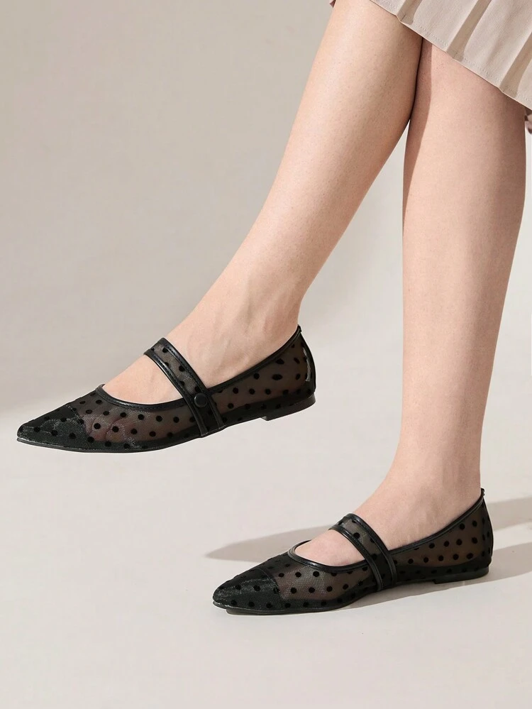 CUCCOO CHICEST Black Polka Dot Mesh Women's Pointed Toe Chic Flats Valentine's Day