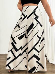 Elenzga Plus Size Women's Geometric Digital Print Loose Elegant Wide Leg Pants