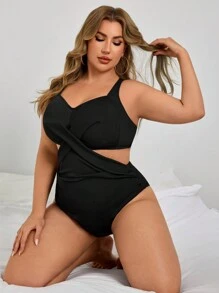 SHEIN Swim Curve Plus Size Women's Solid Color Knitted Halter Spaghetti Strap One-Piece Swimsuit, Simple Design For Everyday Wear And Vacation, For Summer Beach - Black - View 3