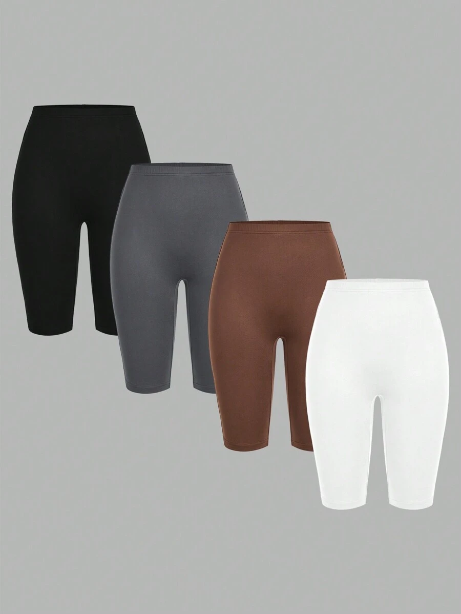 SHEIN EZwear 4 件套休闲针织紧身女式短款瑜伽运动紧身裤，适合春夏季 - 彩色 - 查看 1