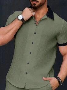 Manfinity Homme Men's Solid Color Patchwork Front Button Short Sleeve Casual Top, Green Shirts For Men, Dark Green Men Shirt, Men's Textured Shirt, Men's Olive Green And Black Shirt - Army Green - View 5
