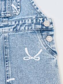 Denimly Vintage Cute Casual Urban Light Wash Bow Print Denim Pinafore Dress